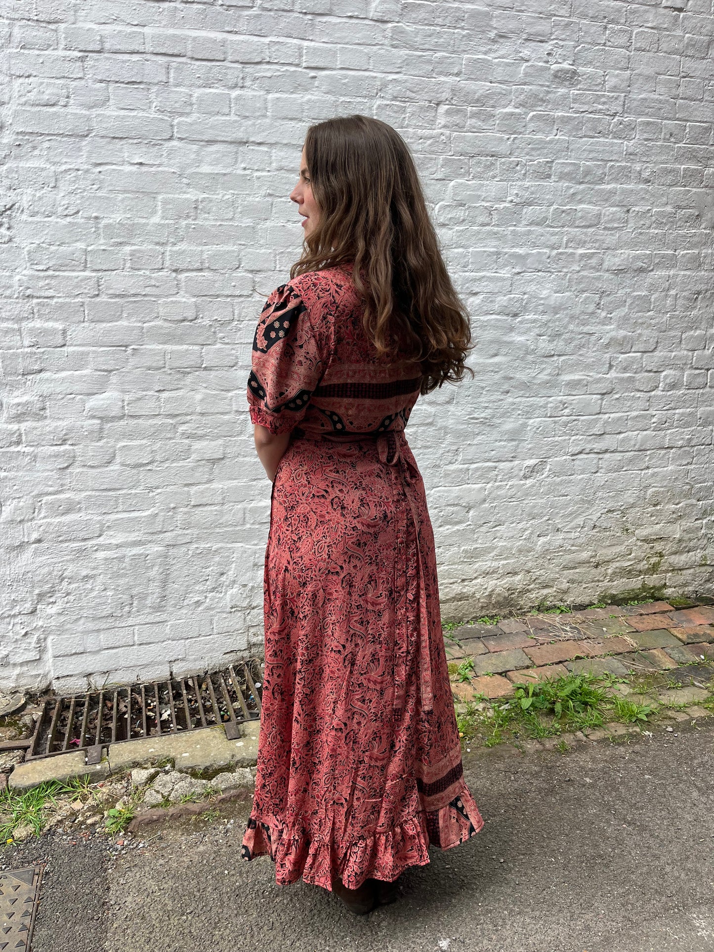 Coral Bubble Sleeve Maxi Wrap Dress