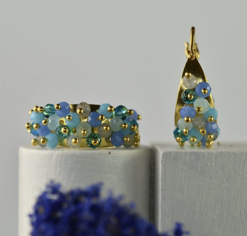 Unique Blue Bejewelled Hoop Earrings | Gold Vermeil Sterling Silver Jewellery