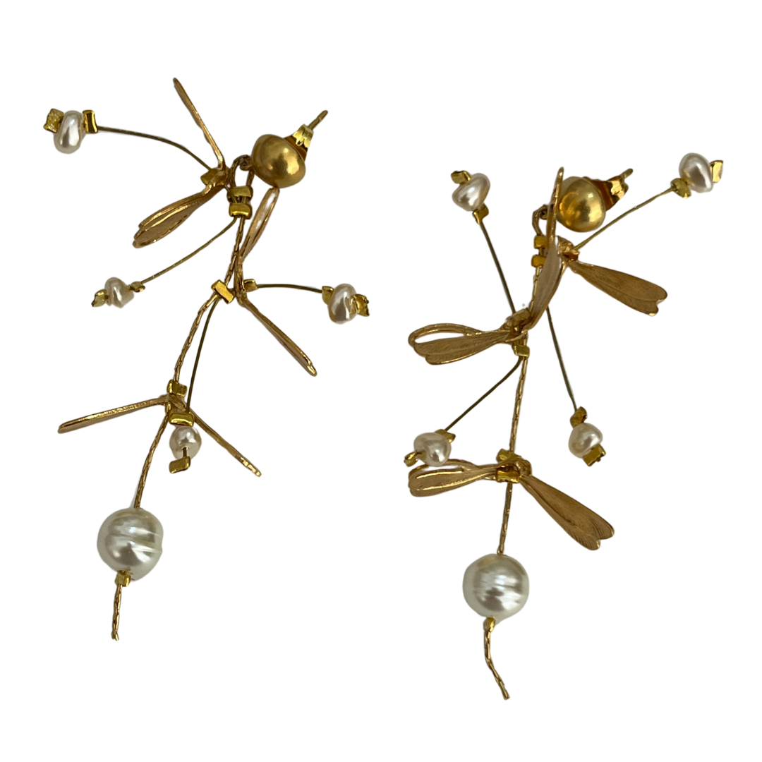 Bronze Dragonfly Pearl Spike Earrings | Unique Handcrafted Jewellery