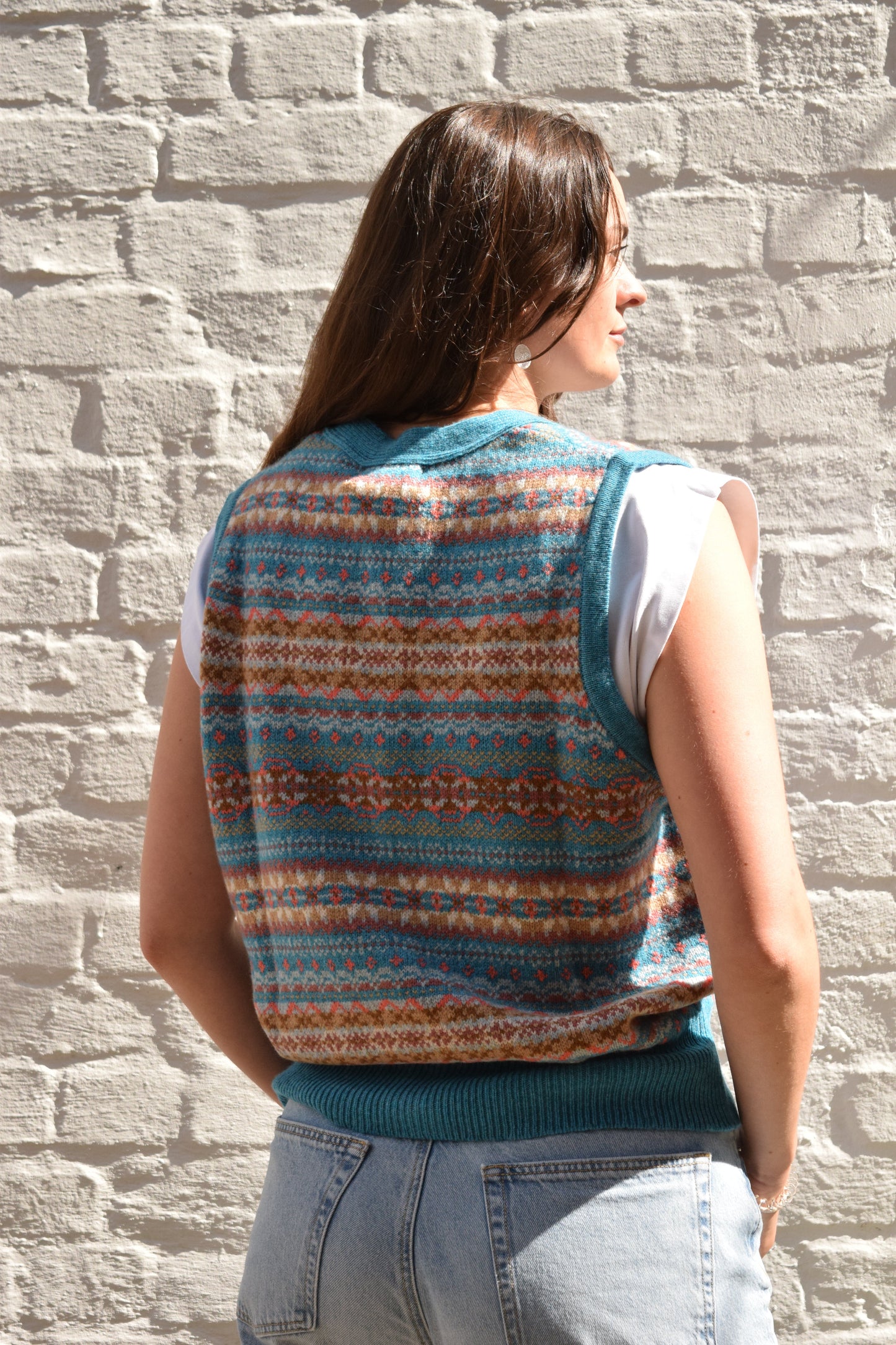 ERIBÉ Women’s Kinross Fair Isle Waistcoat – Topaz