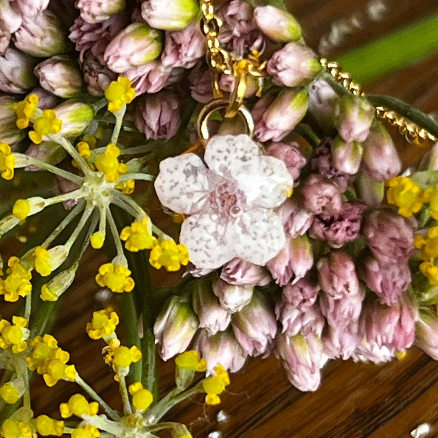 Pale Pink Blossom Necklace on gold plated chain