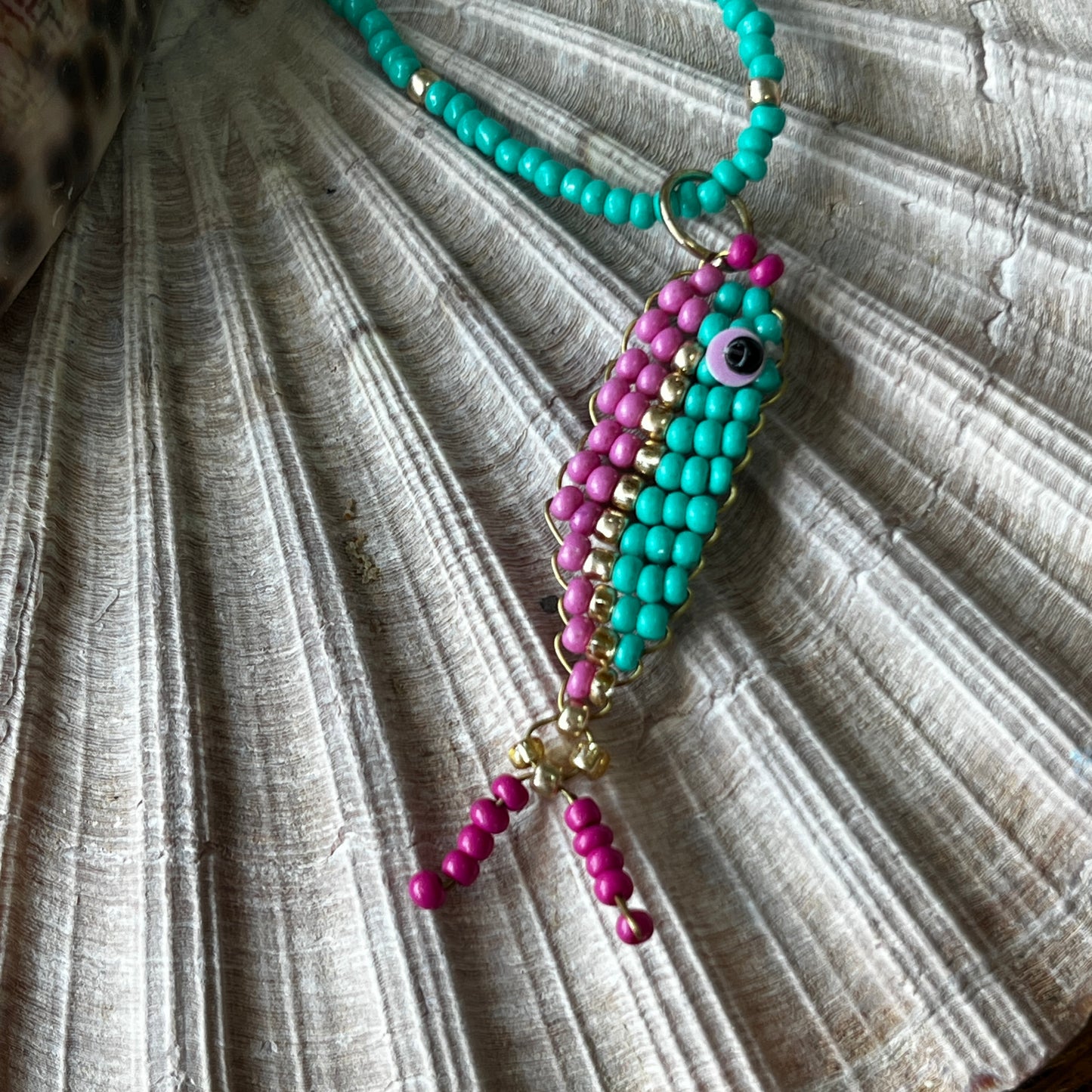 Green and Pink Beaded Fish Necklace