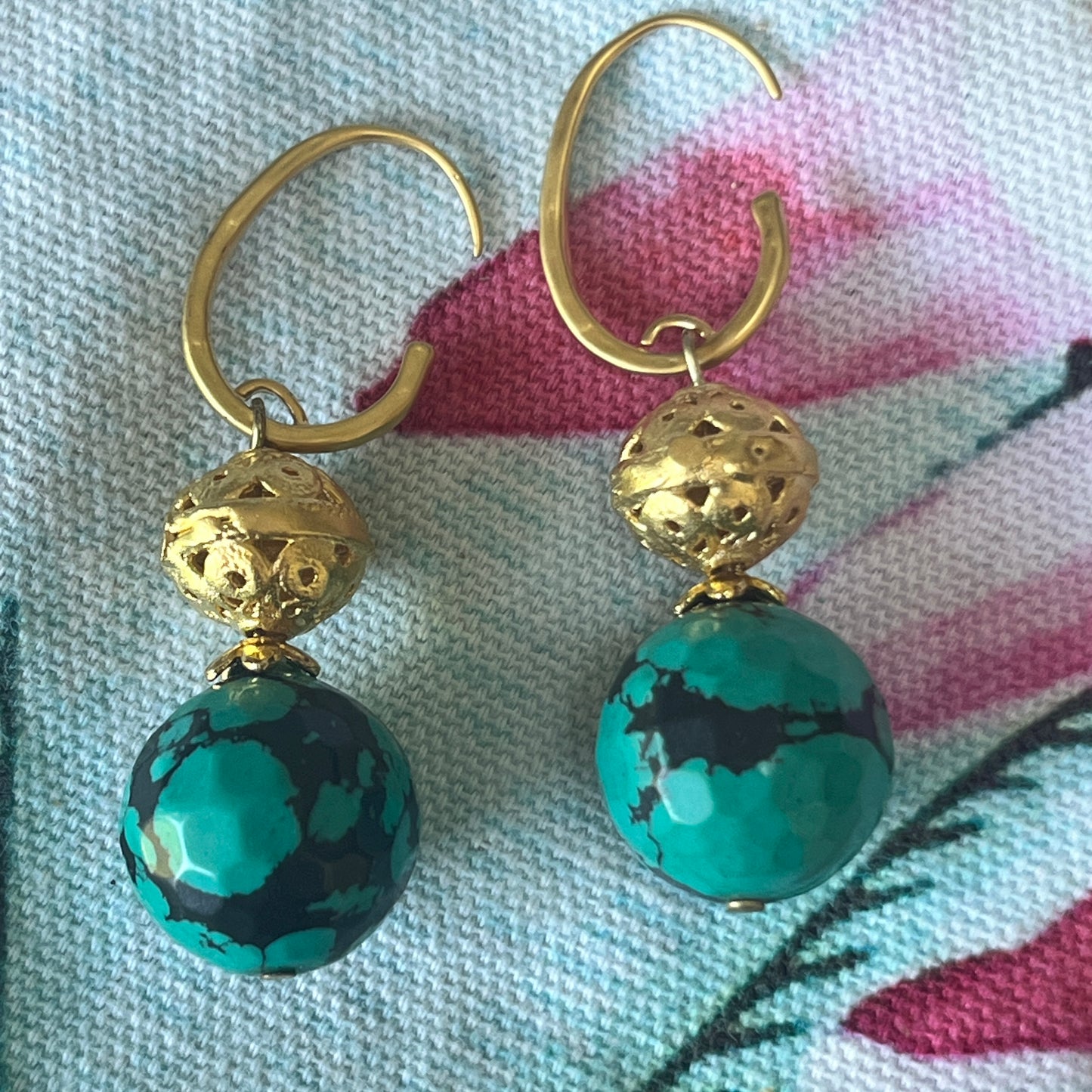 Diana Wilson Gold Earrings with Blue and Black Beads