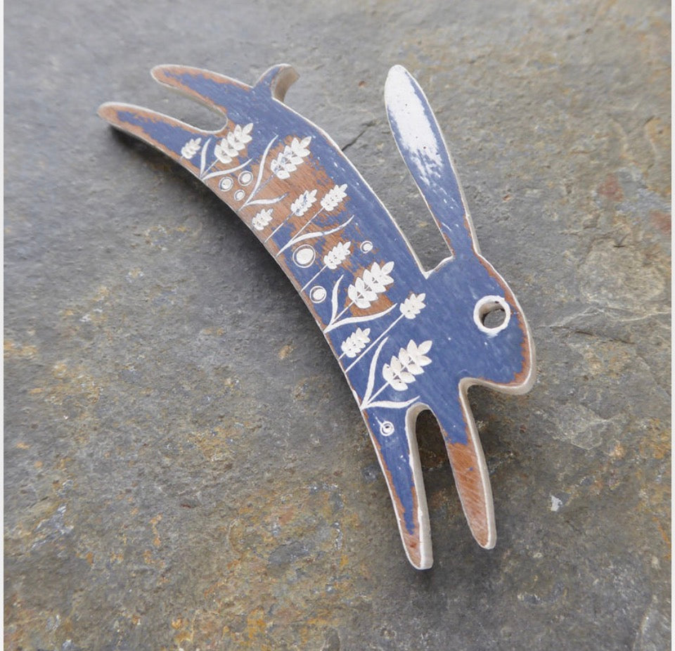 Large Hare Brooch in Denim Blue