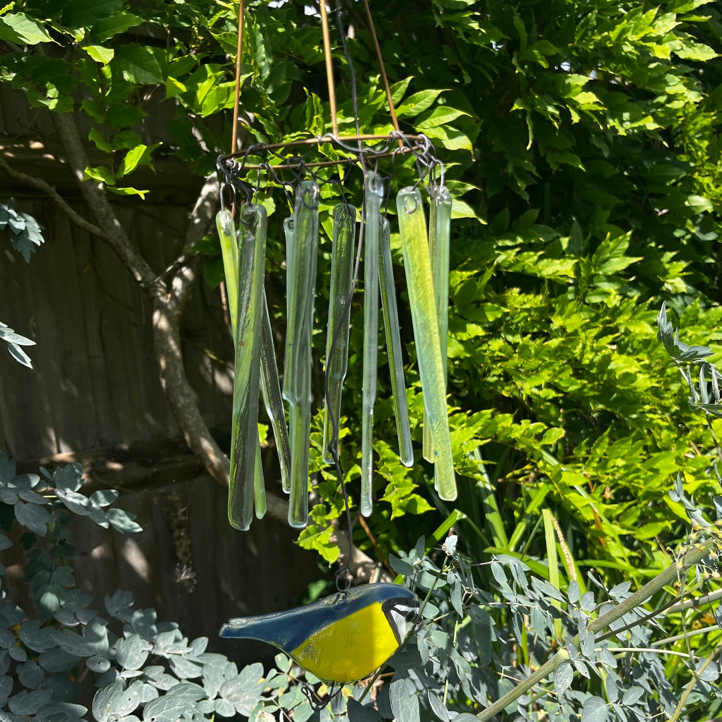 Stunning Glass Chandelier with Blue Tit