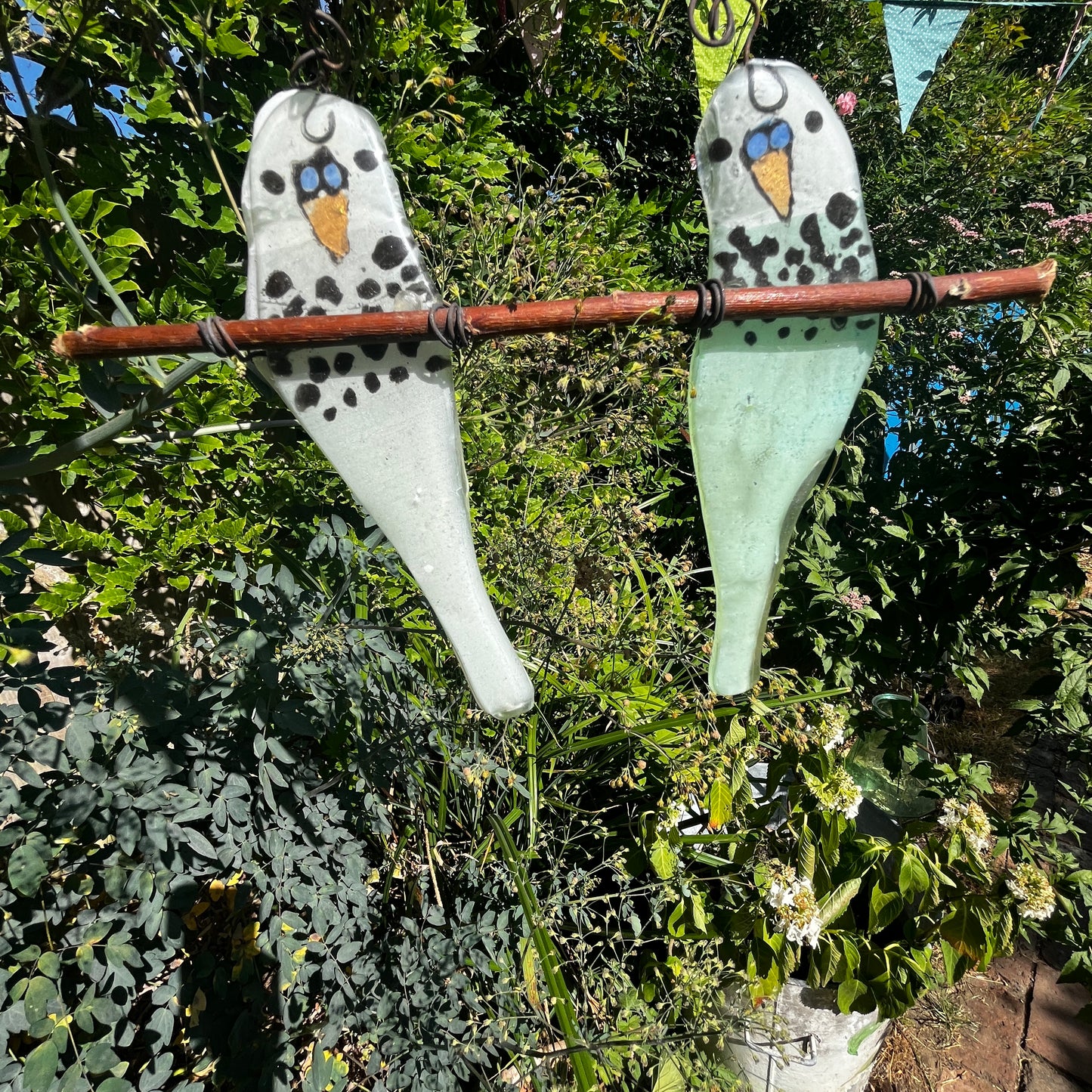 Pair of Glass Budgies on a Perch