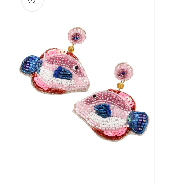Blue and Pink Fish Beaded Earrings