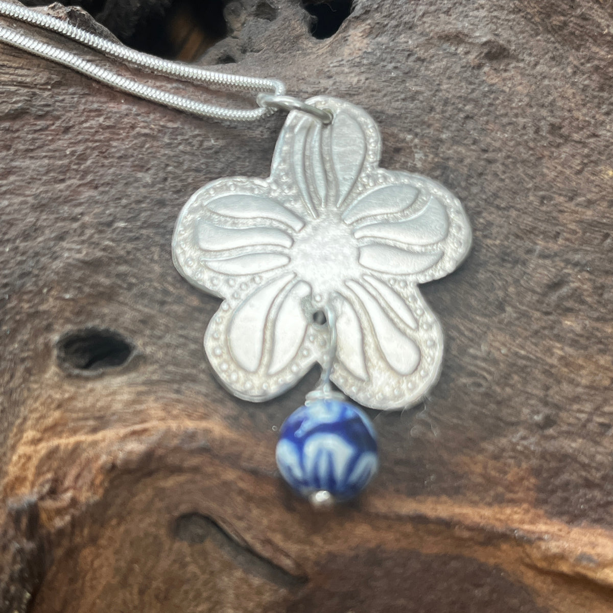 Flower Pendant with Blue and White Bead