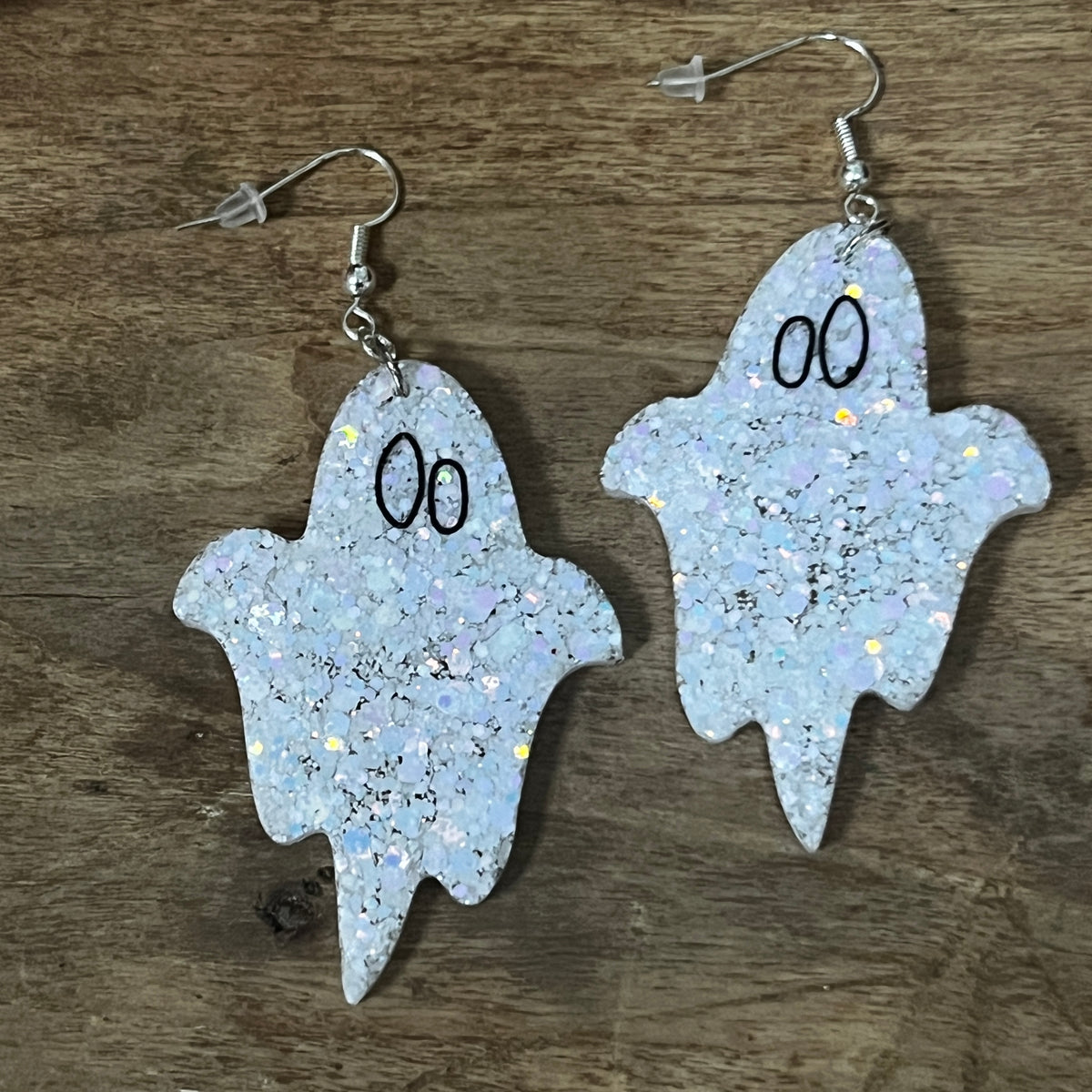 White Glitter Ghost Resin Earrings