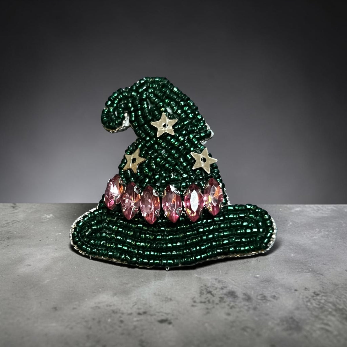 My Doris Green and Pink Witches Hat Brooch