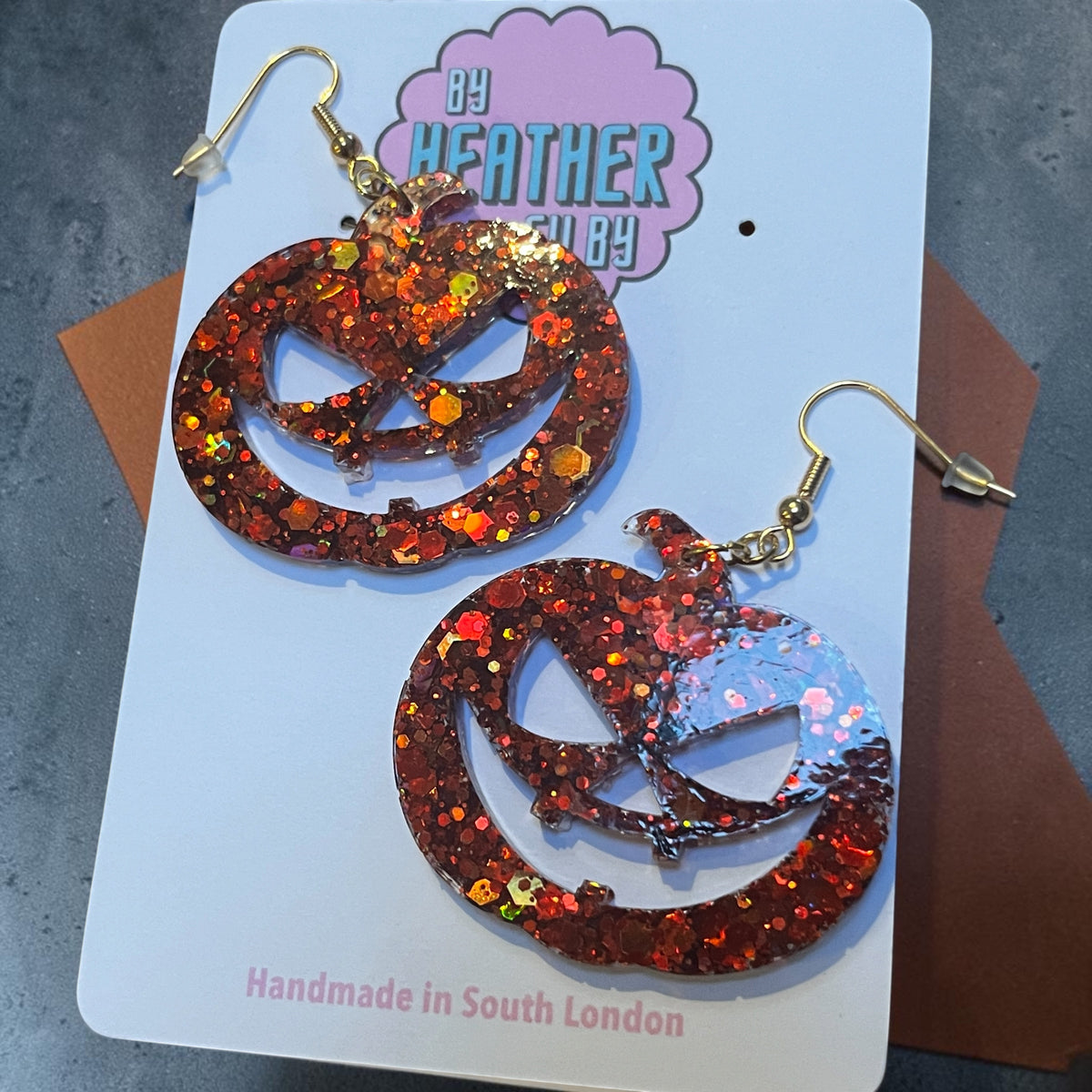 Glitzy Pumpkin Halloween Earrings by Heather Filby