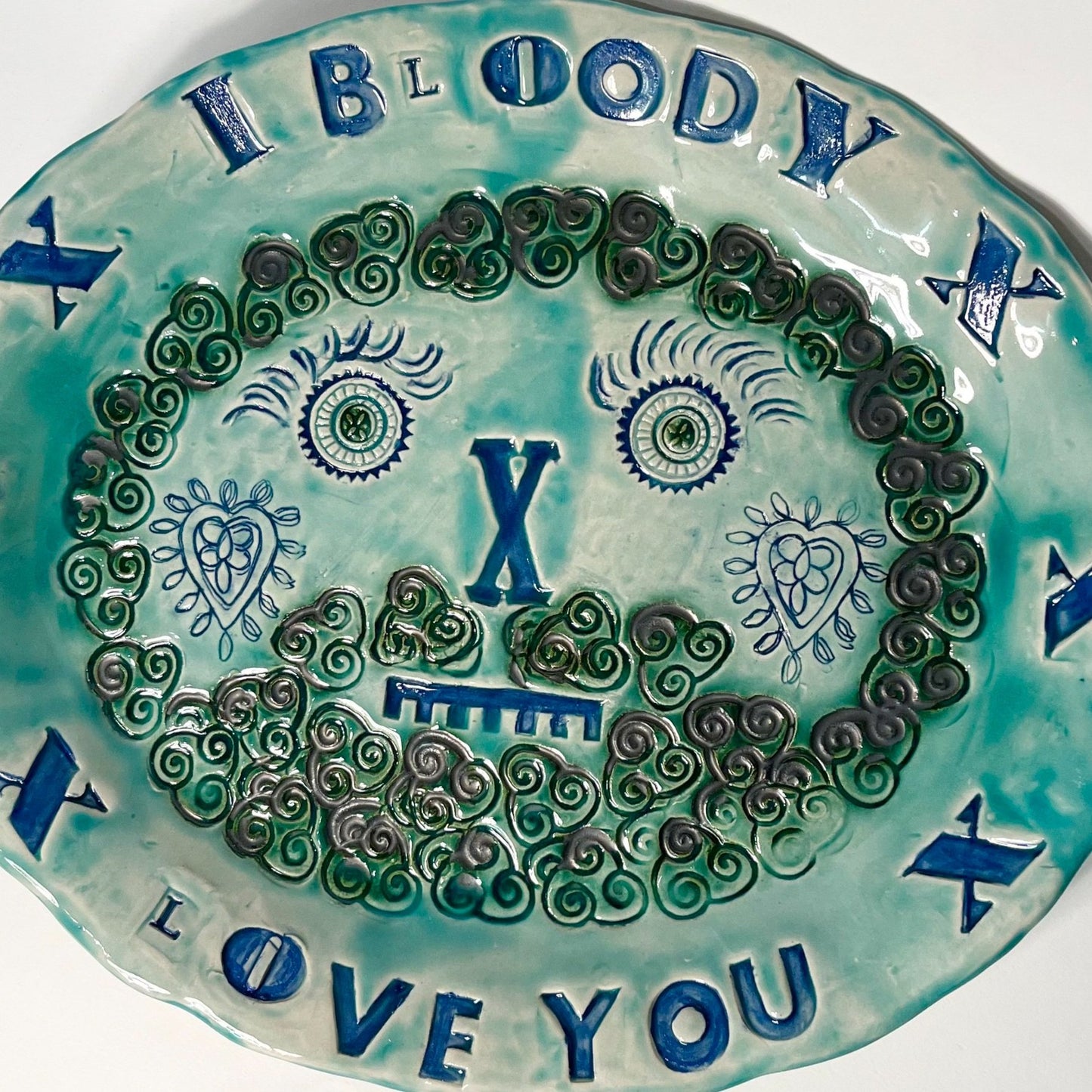 Green 'I BLOODY LOVE YOU' Face Platter | Handcrafted Ceramic