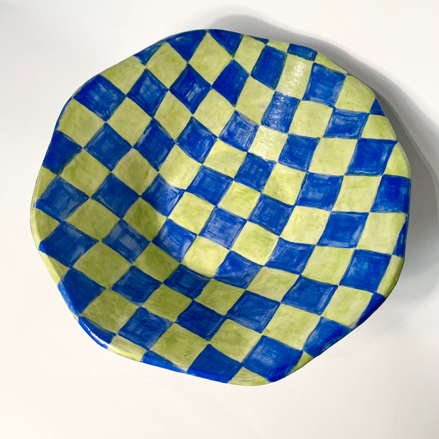 Large Blue and Green Chequered Bowl | Handcrafted Decorative Ceramic