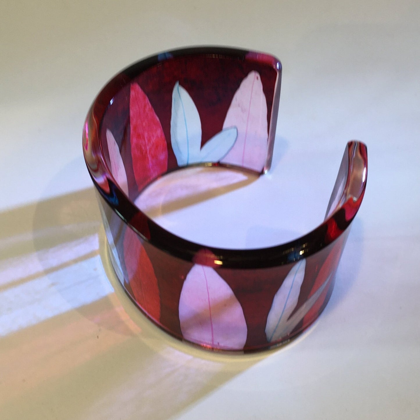 Unique Handcrafted Wide Red and Pink Leaf Cuff | Recycled Acrylic Jewellery