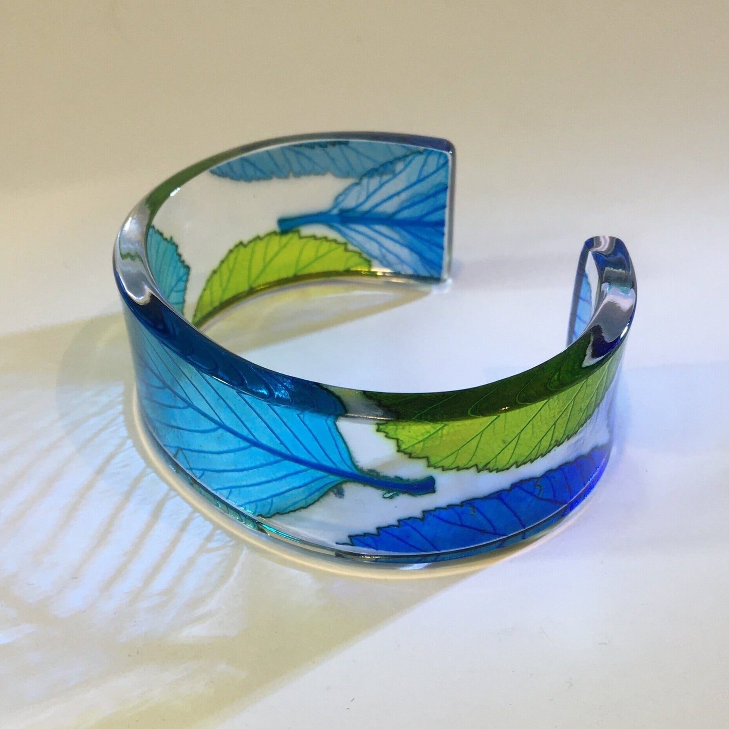 Unique Handcrafted Slim Blue and Green Leaf Bangle | Recycled Acrylic Jewellery