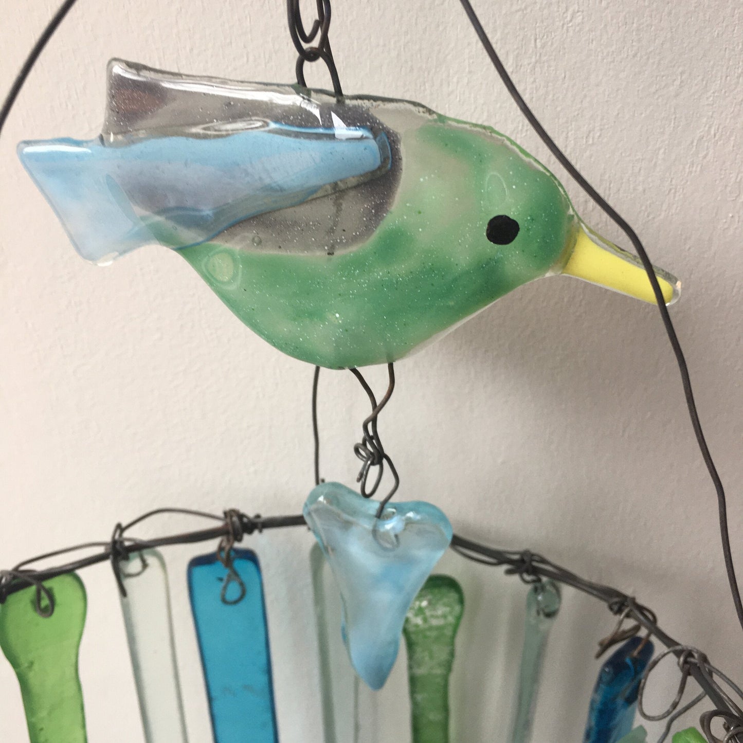 Glass Bird Chandelier with Blue and Green Bird and Droplets