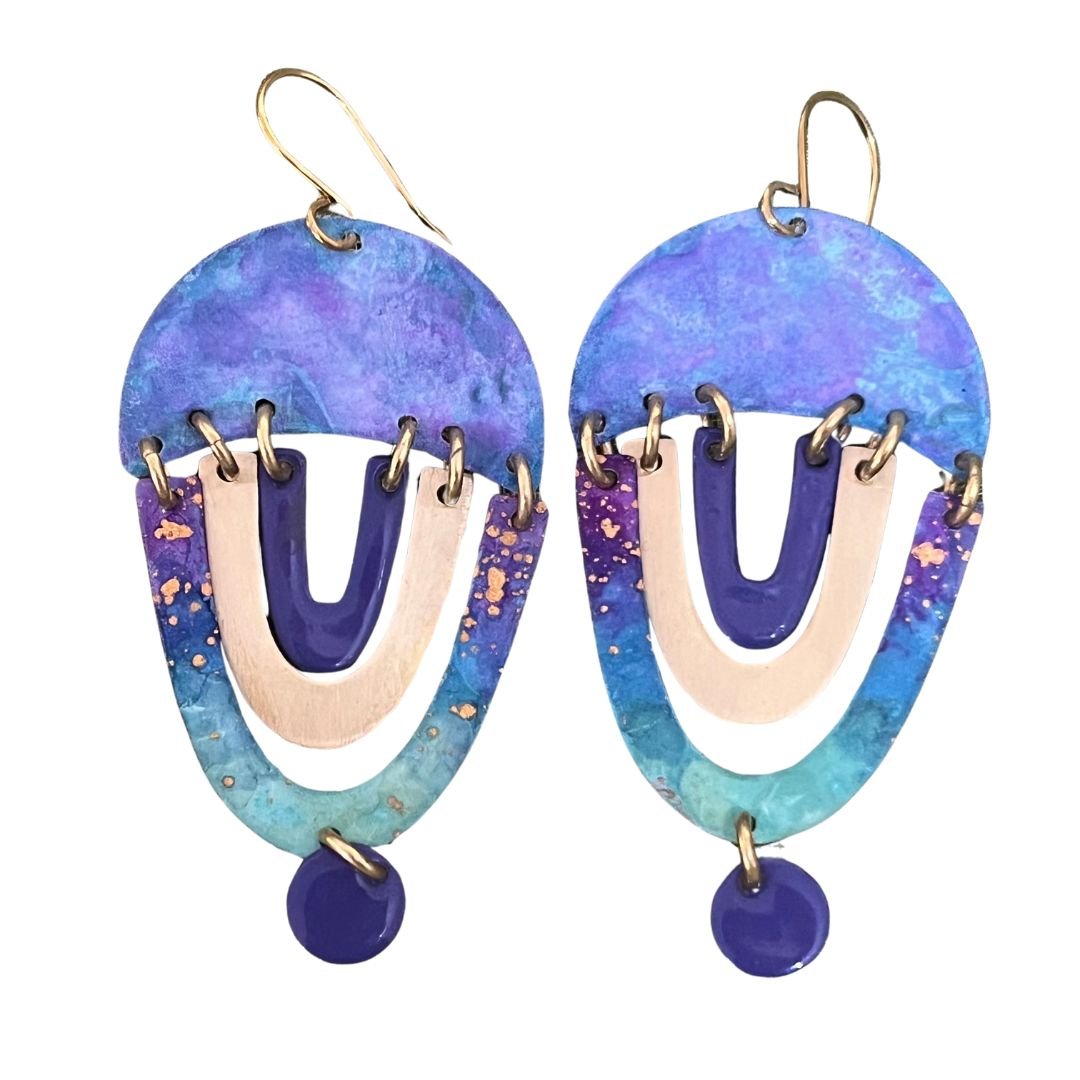 Purple Upside Down Earrings - Handmade Brass and Patina | Unique Artisanal Jewellery