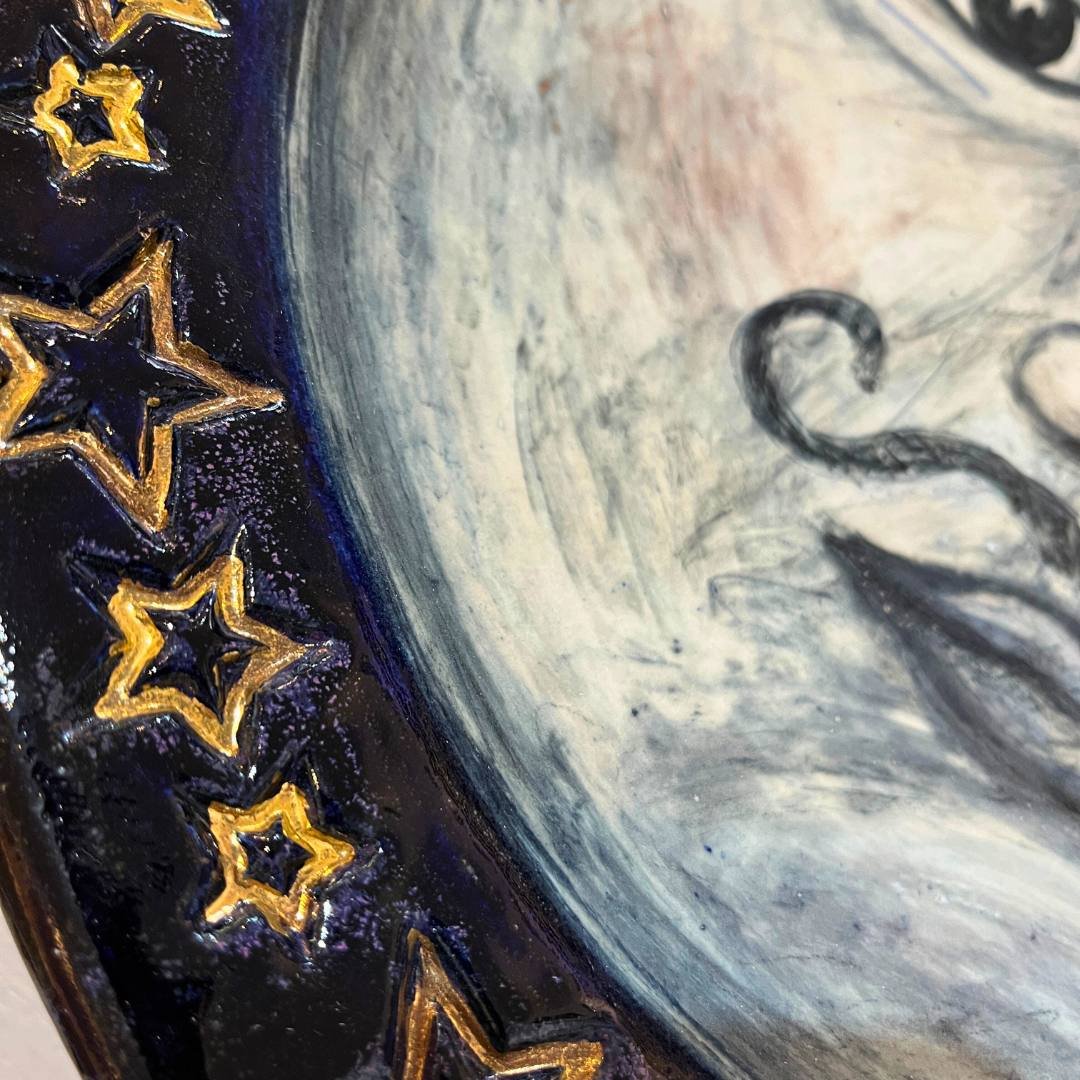 Handcrafted Ceramic Moon Dish with Starry Border by Jane Tyler