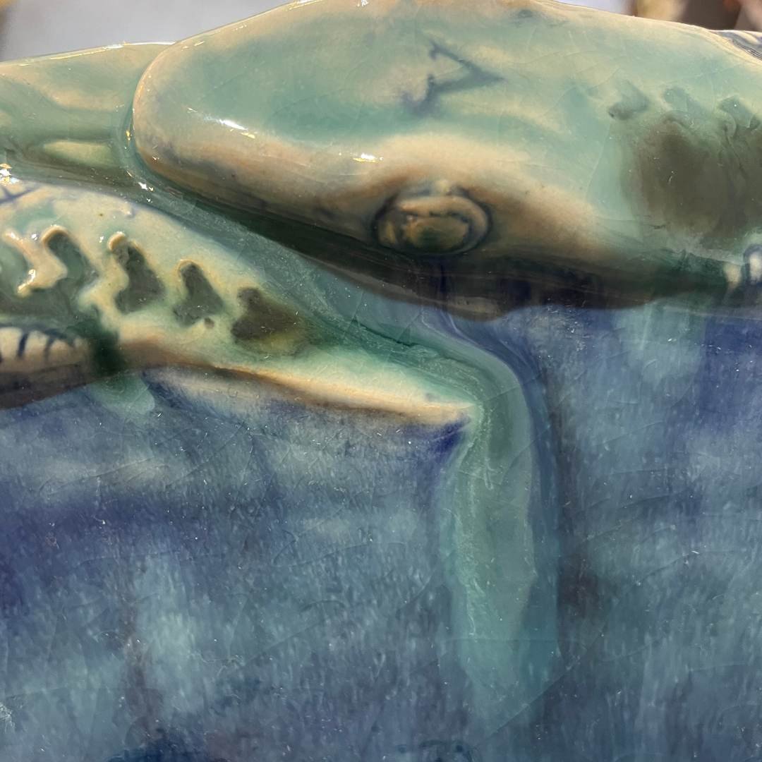 Handmade Large Green and Blue Snake Motif Ceramic Bowl