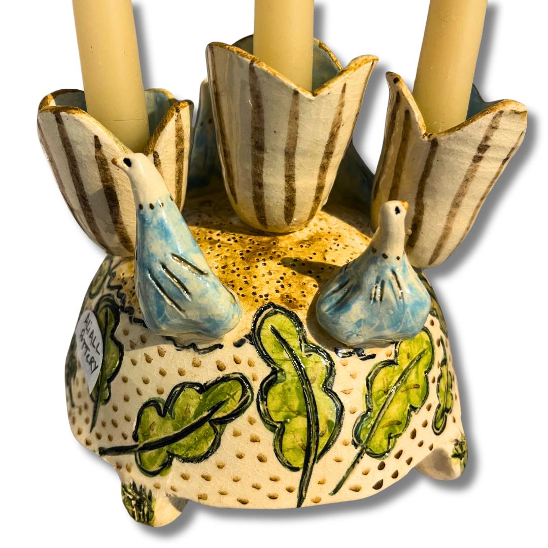 Handmade Ceramic Candle Holder with Tulip Cups & Blue Birds
