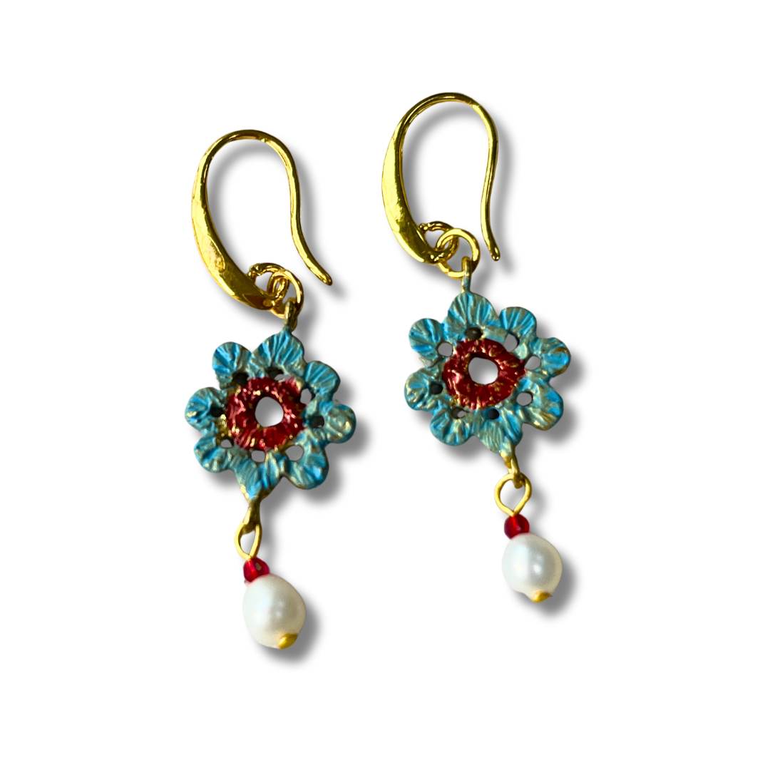 Small Blue Flower Earrings with Pearl Drop by Anna Dodenhoff