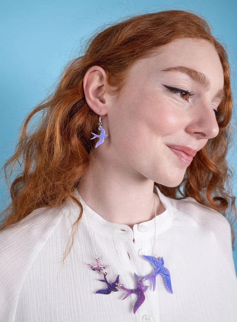 Swoop of Swallows Necklace - Purple Bird Jewellery | Handcrafted Laser-Cut Design