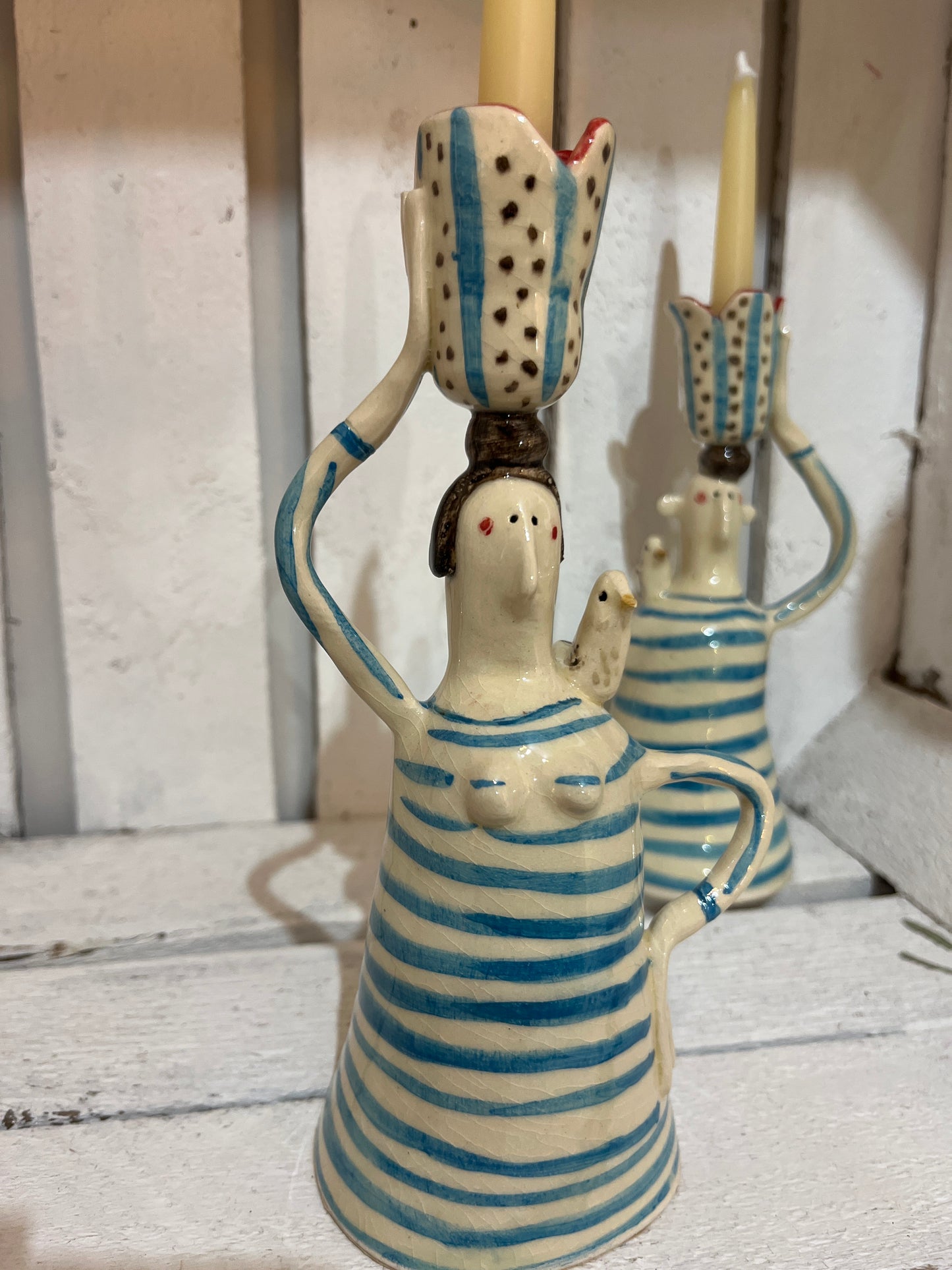 Stripey Shirt Pair of Candlesticks by AliAll Pottery