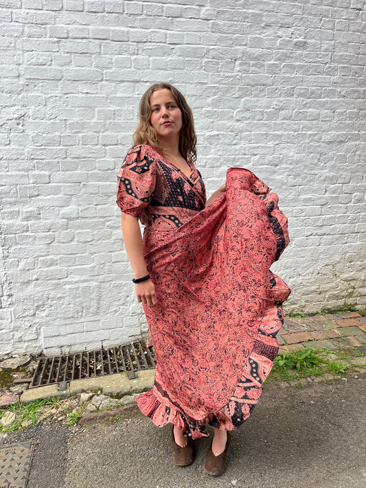 Coral Bubble Sleeve Maxi Wrap Dress