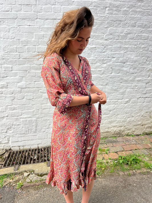 Pink Floral Midi Wrap Dress