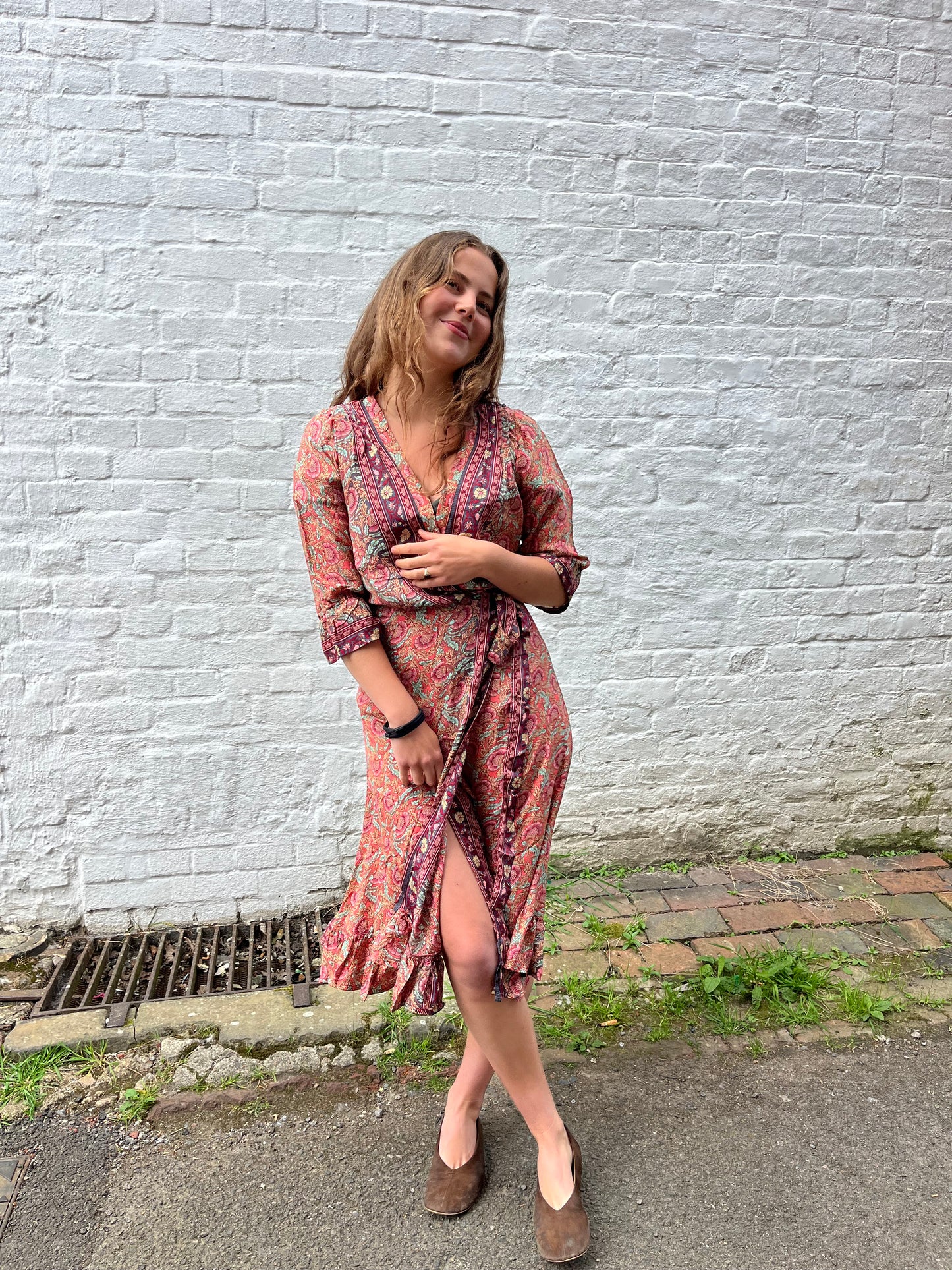 Pink Floral Midi Wrap Dress