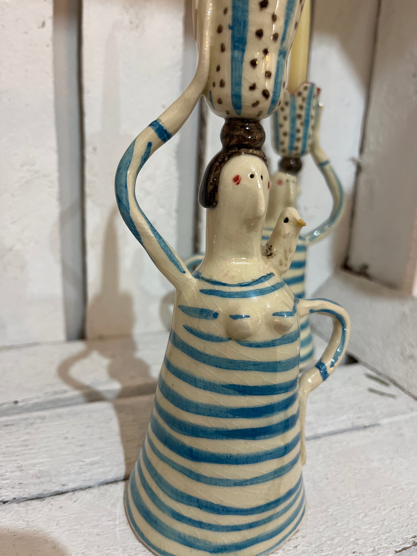 Stripey Shirt Pair of Candlesticks by AliAll Pottery