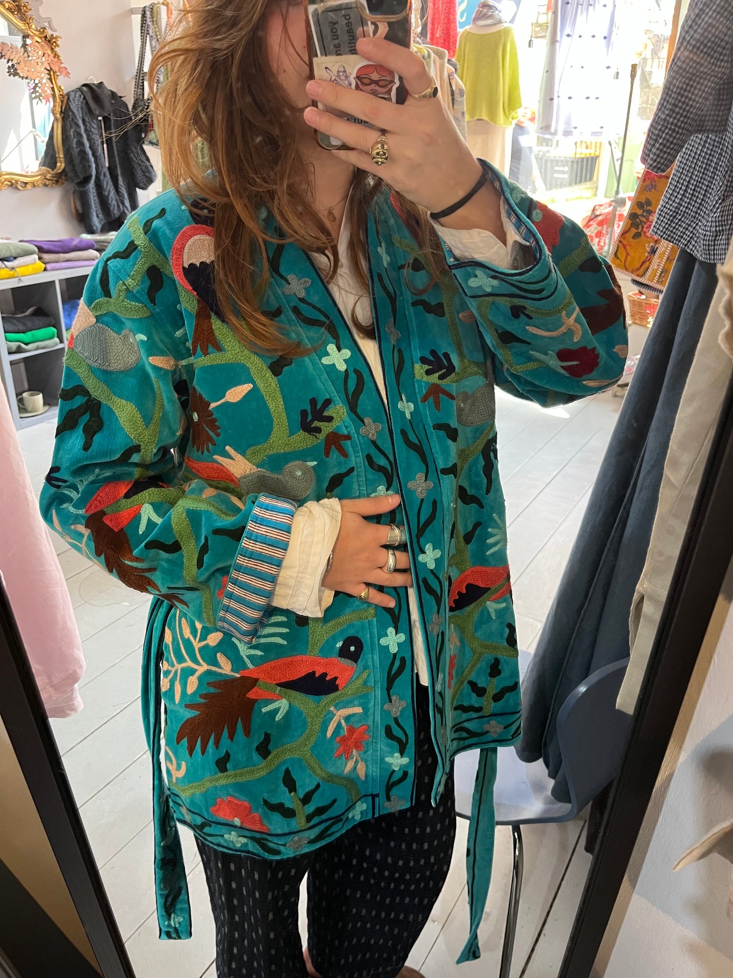 Turquoise Mid-Length Embroidered Jacket