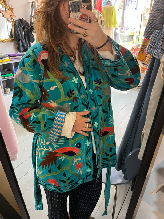 Turquoise Mid-Length Embroidered Jacket