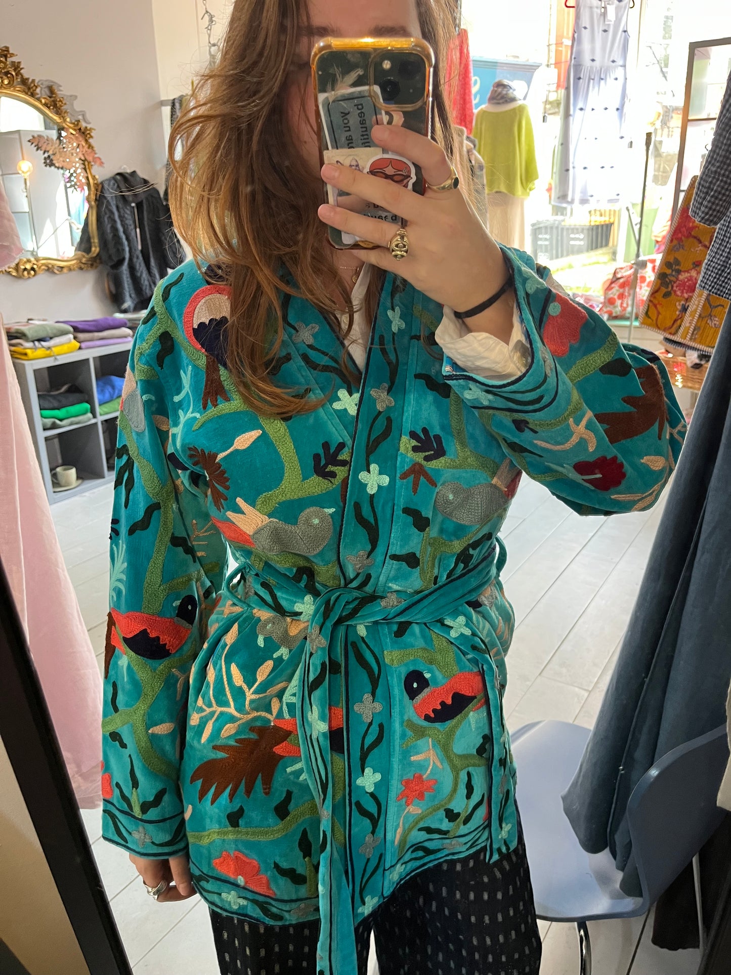 Turquoise Mid-Length Embroidered Jacket
