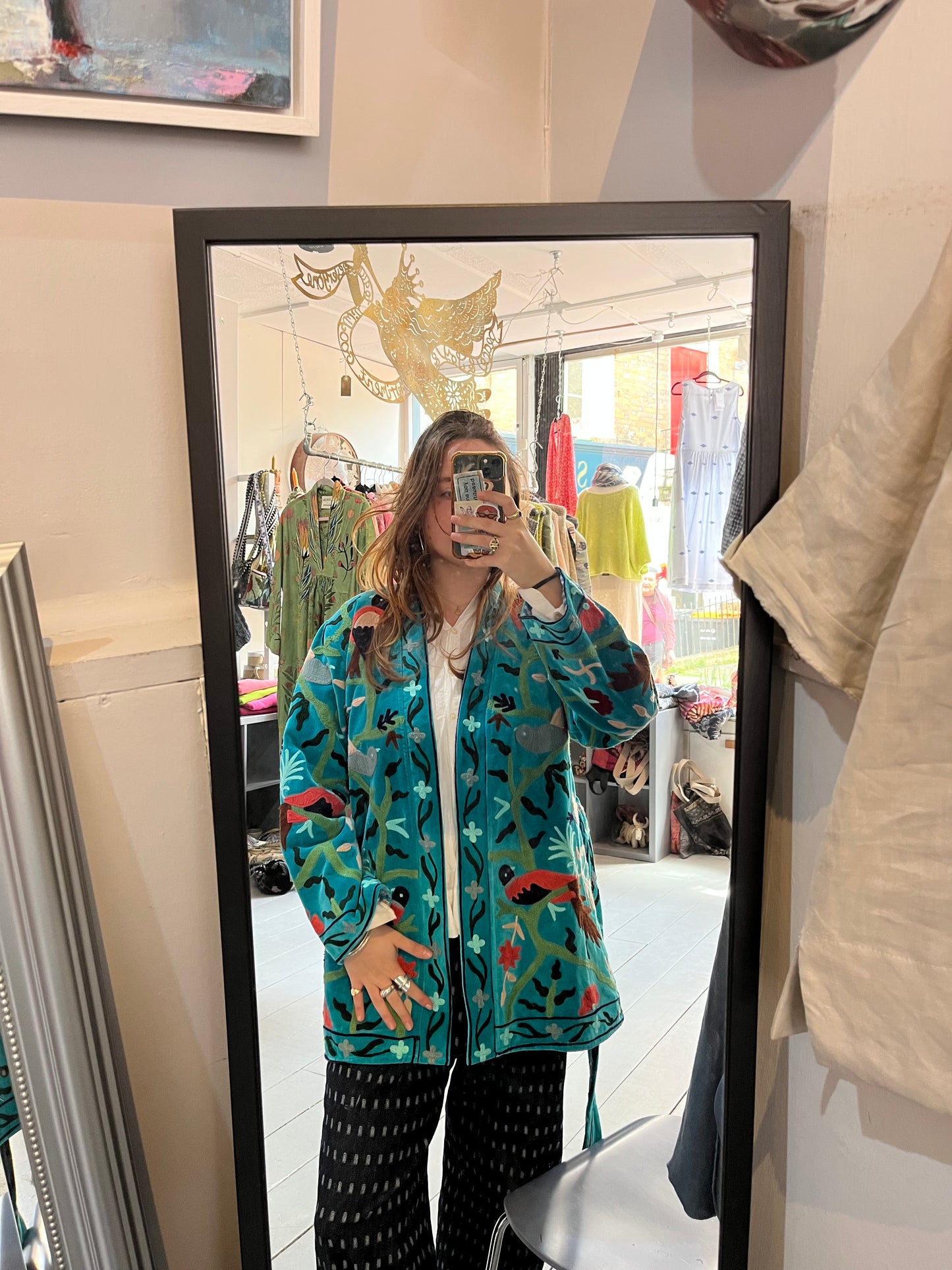 Turquoise Mid-Length Embroidered Jacket