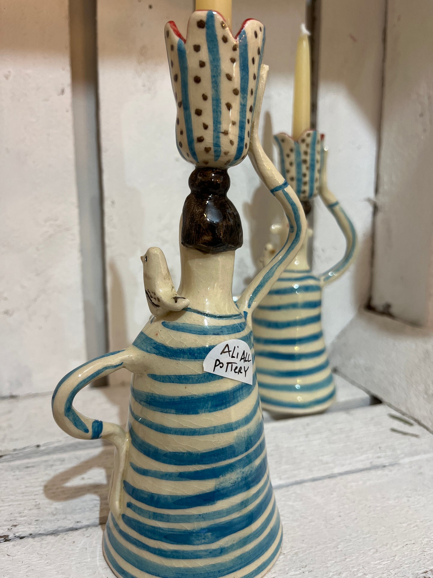 Stripey Shirt Pair of Candlesticks by AliAll Pottery