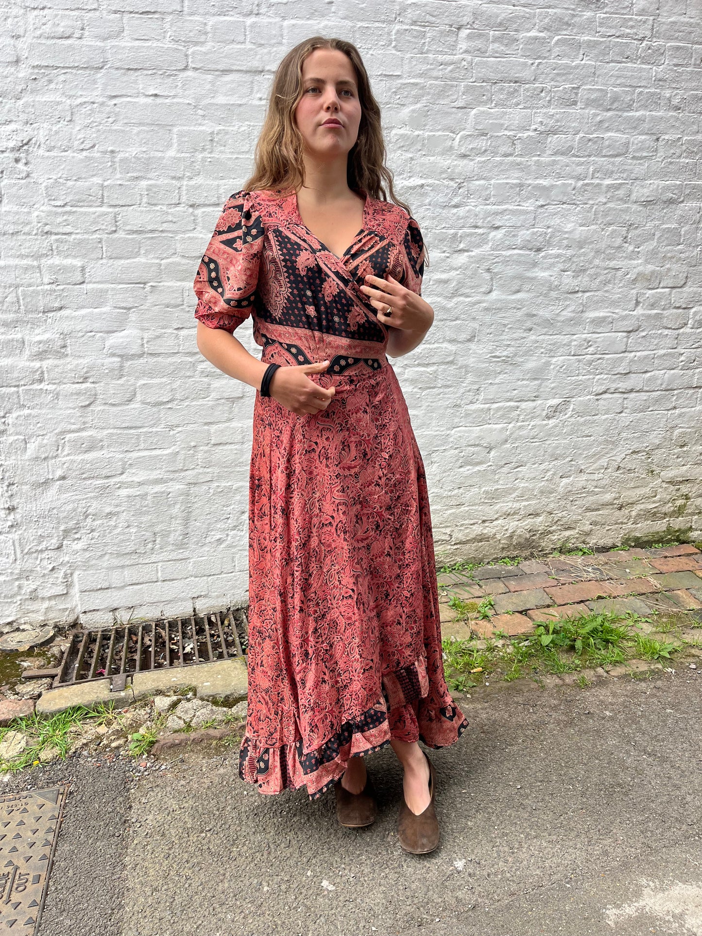 Coral Bubble Sleeve Maxi Wrap Dress