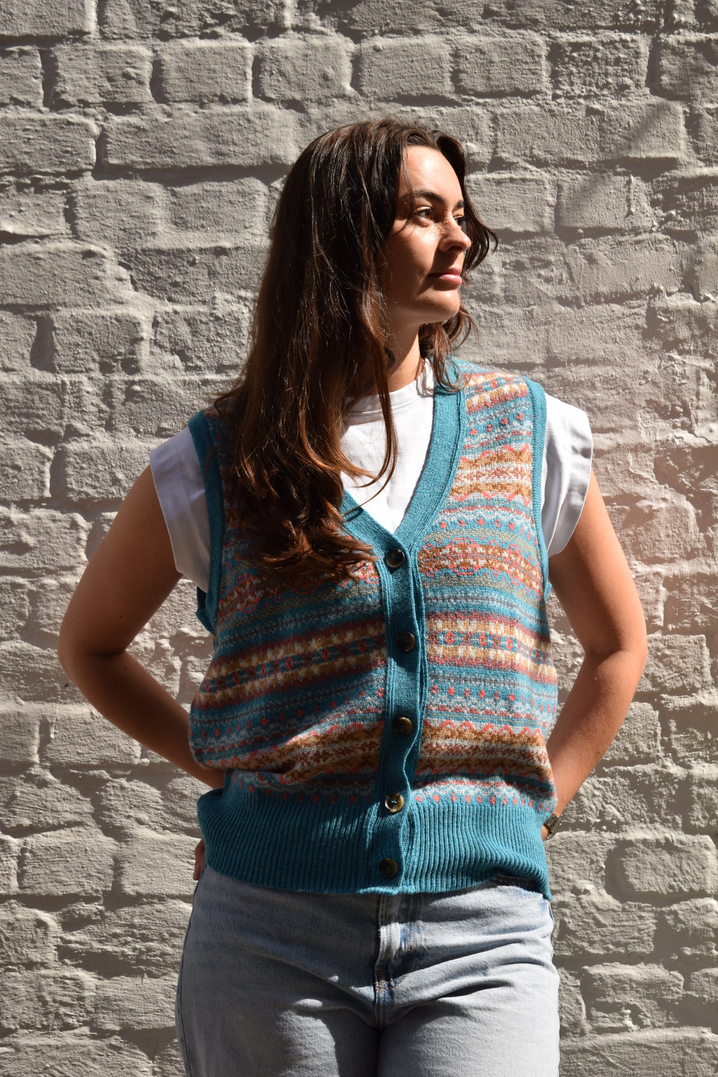 ERIBÉ Women’s Kinross Fair Isle Waistcoat – Topaz