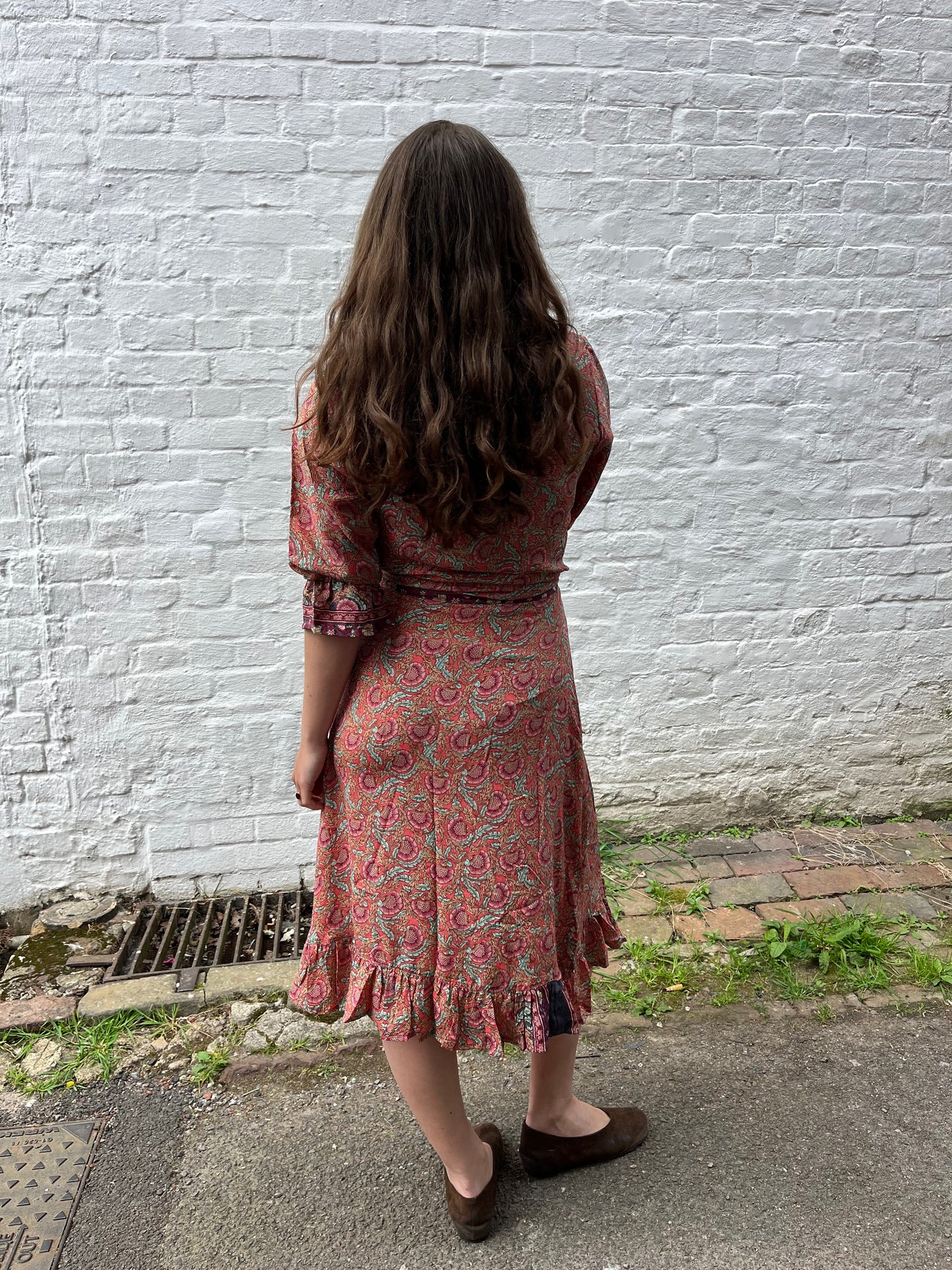 Pink Floral Midi Wrap Dress