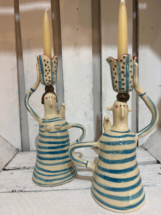 Stripey Shirt Pair of Candlesticks by AliAll Pottery