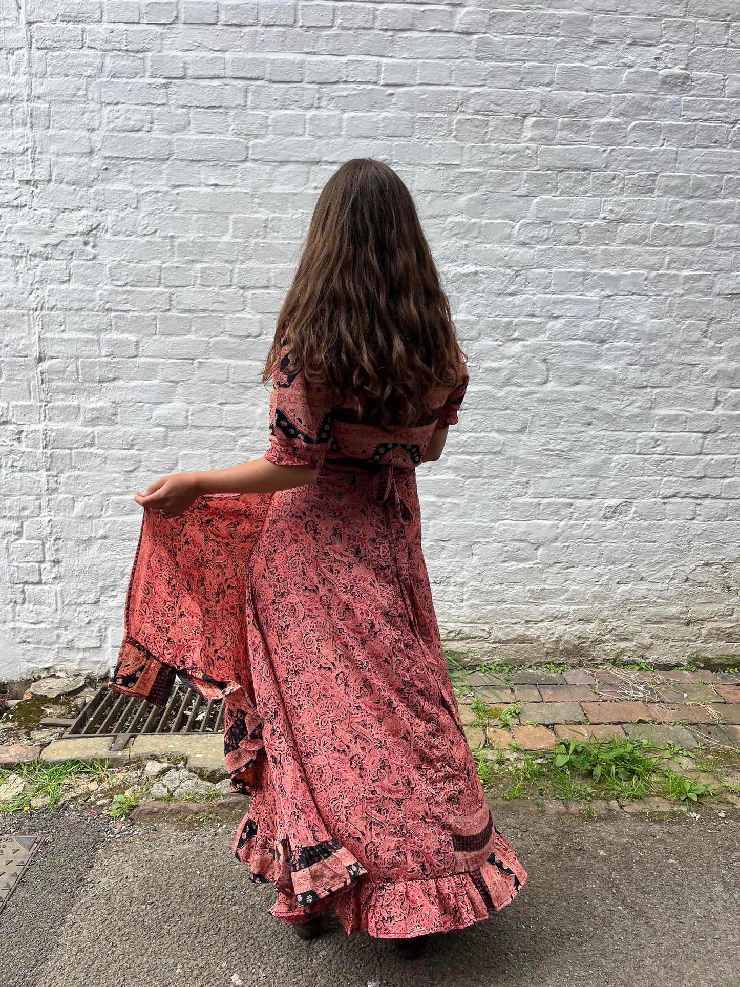 Coral Bubble Sleeve Maxi Wrap Dress