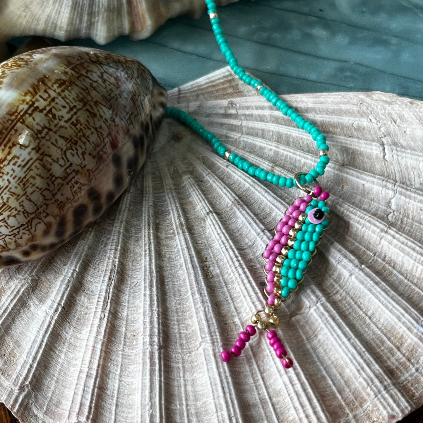 Green and Pink Beaded Fish Necklace