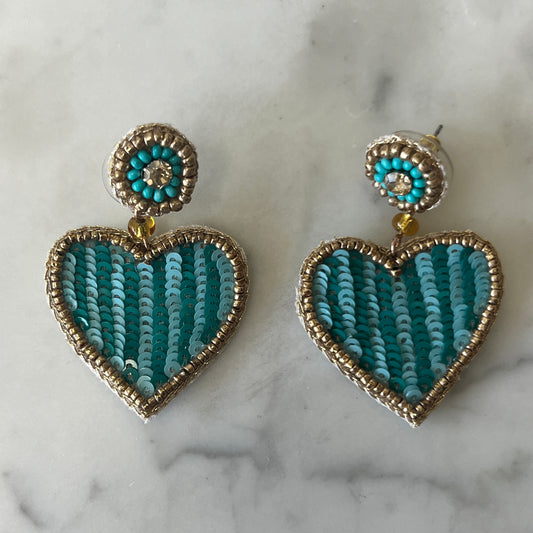 Hand beaded Blue Stripe Heart Stud Earrings