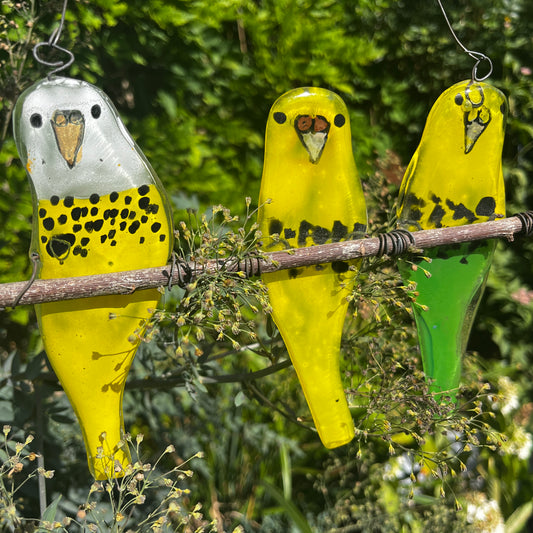 Three Glass Budgies on a Perch