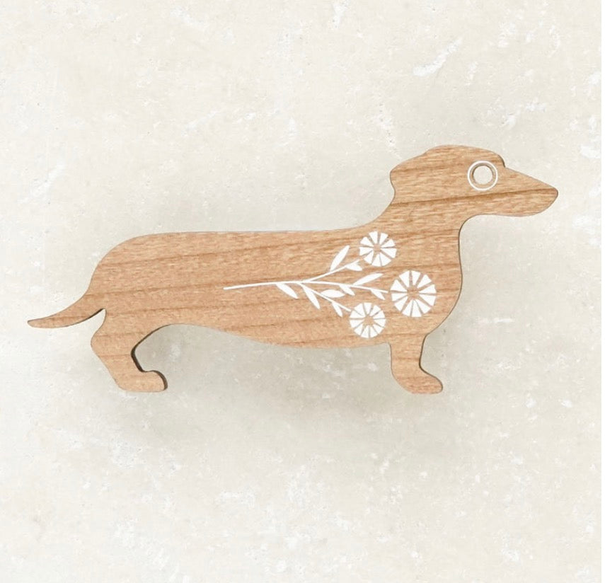 Dachshund Brooch - White Flowers