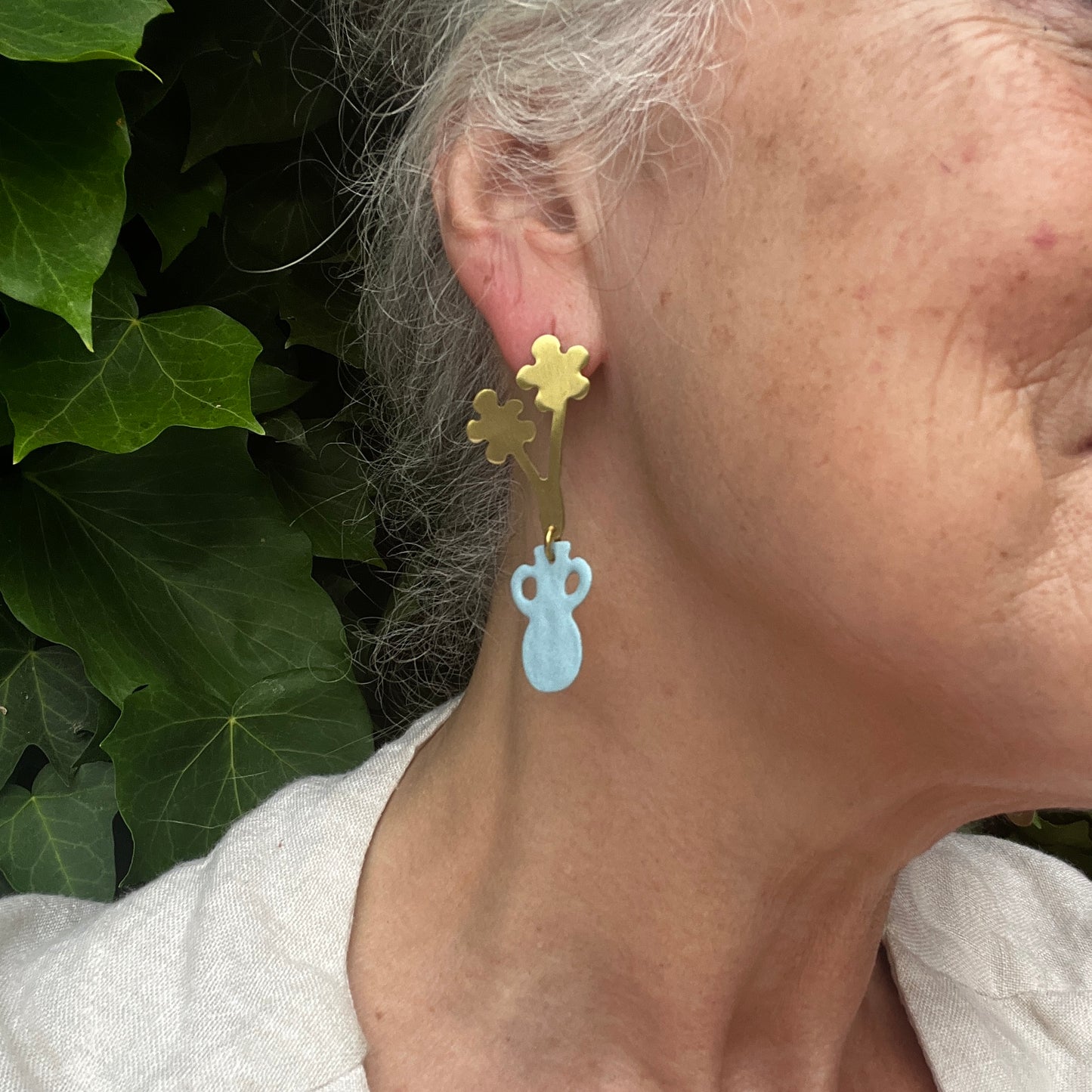 Charming Vase with Flowers Earrings - Handmade Brass and Patina