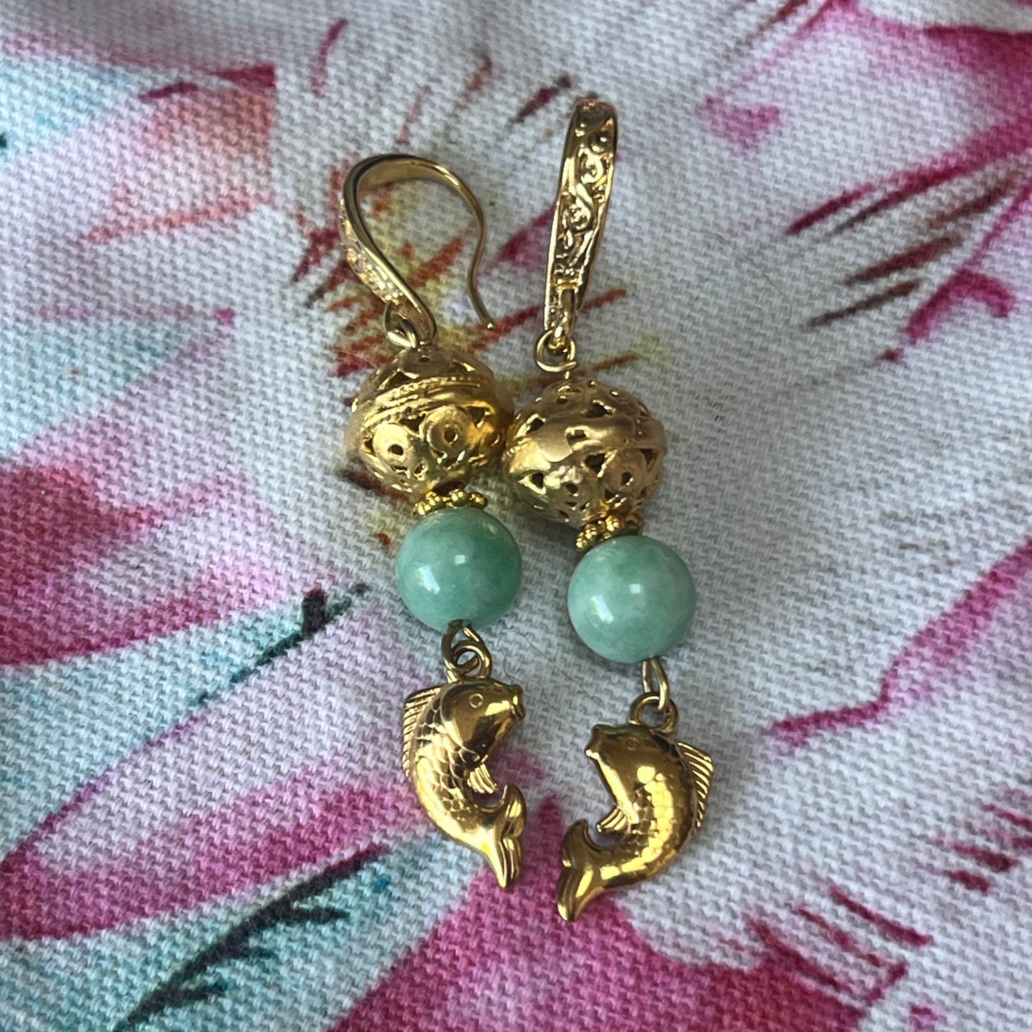 Diana Wilson Arcana Gold Fish and Turquoise Drop Earrings