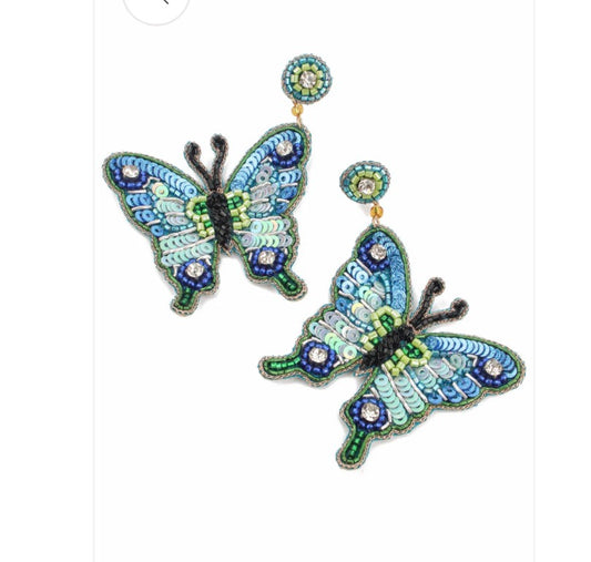 Blue Beaded Butterfly Earrings