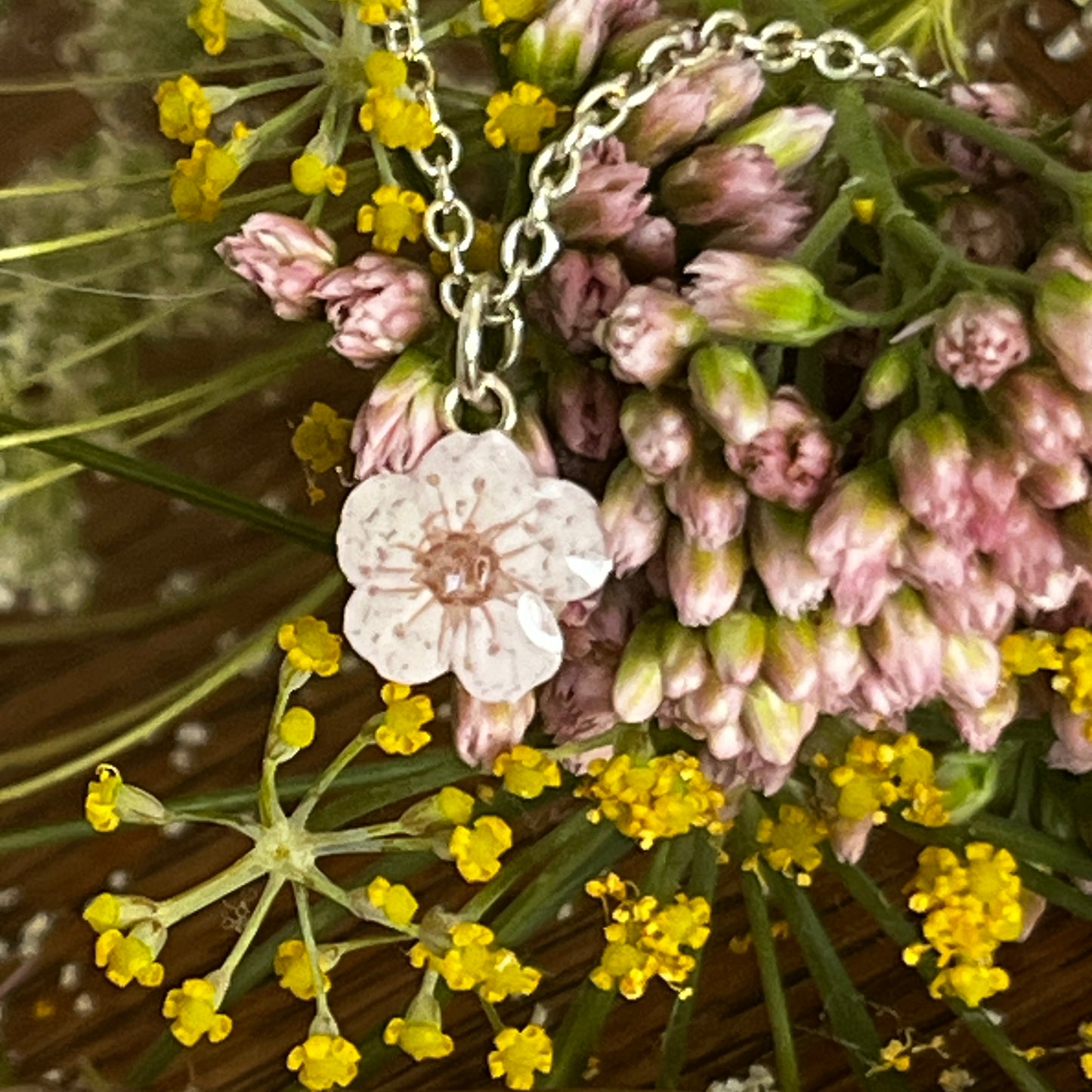 Pale Pink Blossom Necklace- silver chain