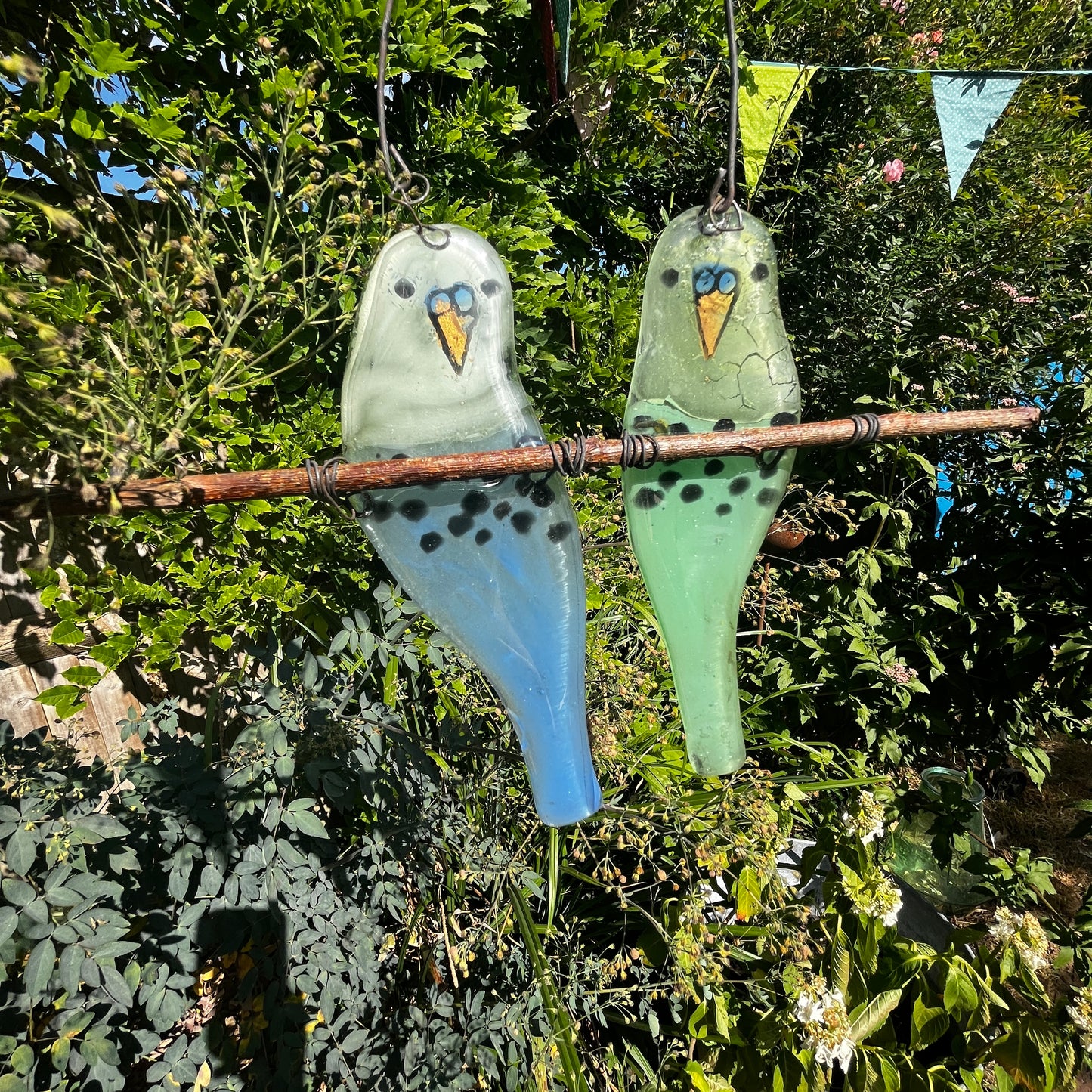 Pair of Glass Budgies on a Perch